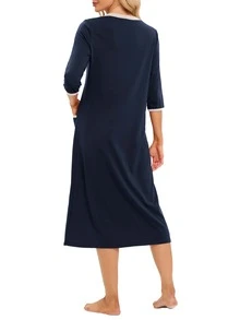 Solid Color V-Neck Sleep Dress, Home Wear Seven Points Sleeve Zipper Nightgown, Navy Blue - Navy Blue - View 2
