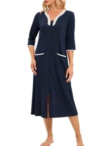 Solid Color V-Neck Sleep Dress, Home Wear Seven Points Sleeve Zipper Nightgown, Navy Blue - Navy Blue - View 4