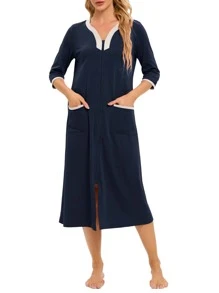 Solid Color V-Neck Sleep Dress, Home Wear Seven Points Sleeve Zipper Nightgown, Navy Blue - Navy Blue - View 1