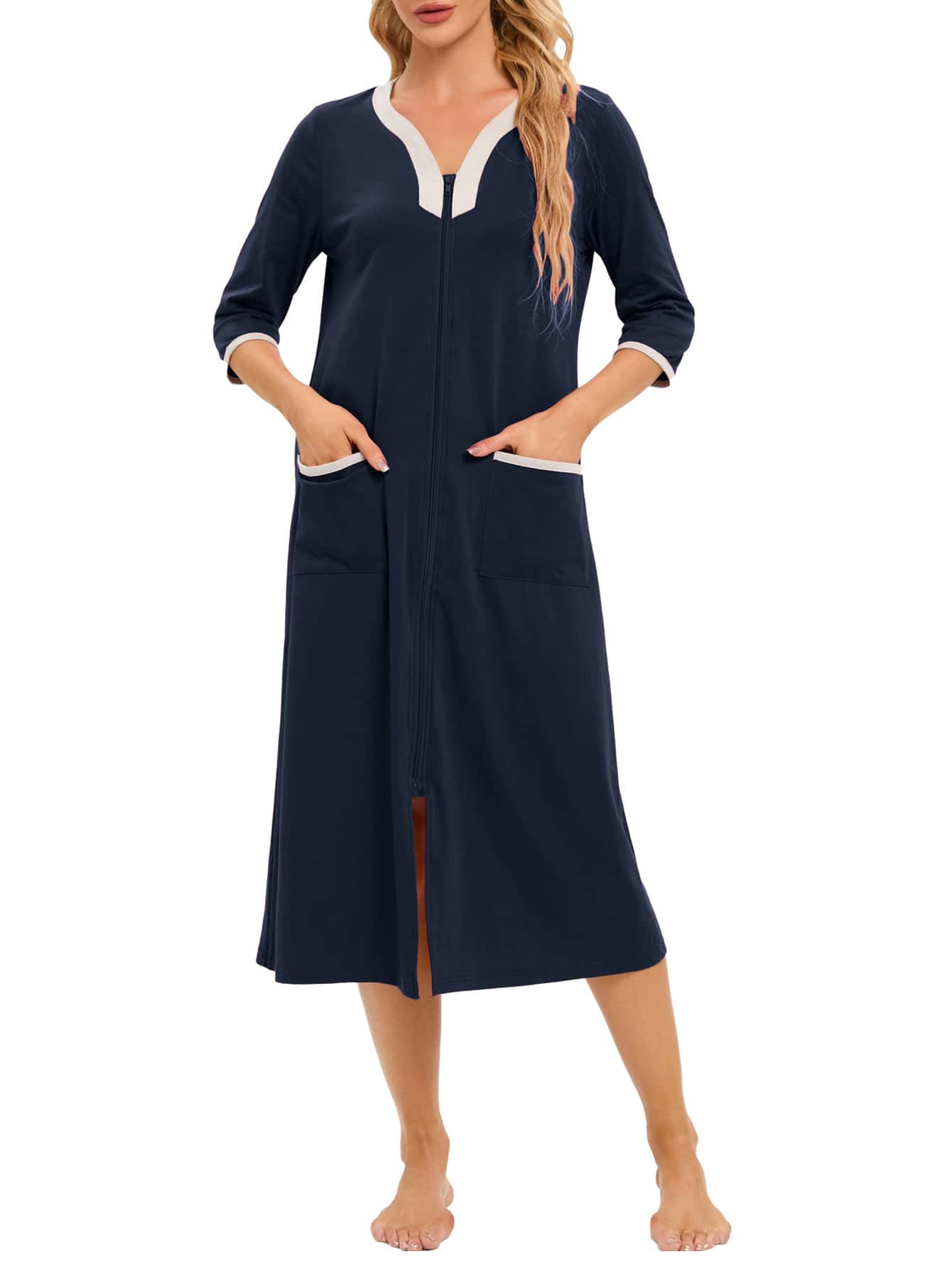 Solid Color V-Neck Sleep Dress, Home Wear Seven Points Sleeve Zipper Nightgown, Navy Blue - Navy Blue - View 1