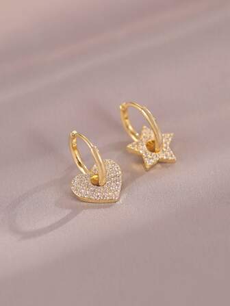 1 对奢华时尚不对称心形和星形耳环情人节、妈妈、母亲、母亲节、礼物