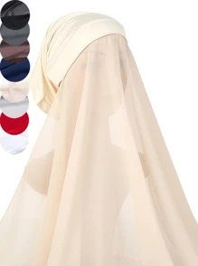 1pc Versatile Beige Chiffon Set With Integrated Cap And Long Scarf - Beige - View 1