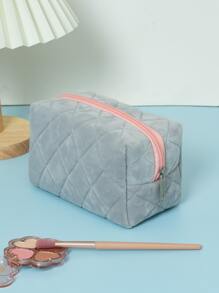 1pc Plush Square Plaid Plush Large Capacity Portable Makeup Bag Cute Fluffy Simple Bag For Women Girls