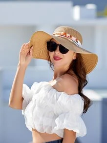 Boho 1pc Sun Hat With Ribbon For Beach Travel Party Outdoor Activities Bow Valentine's Day - Khaki - View 6