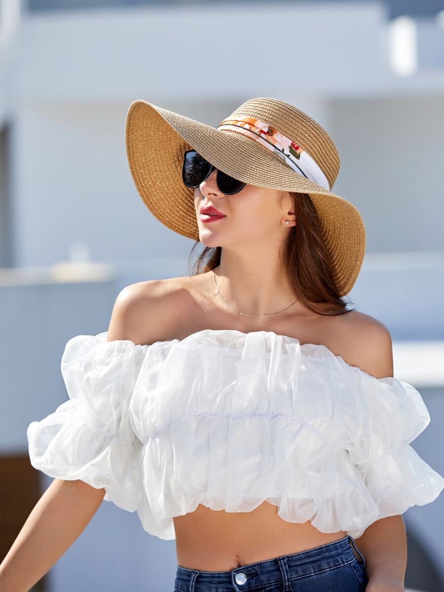 Boho 1pc Sun Hat With Ribbon For Beach Travel Party Outdoor Activities Bow Valentine's Day - Khaki - View 1