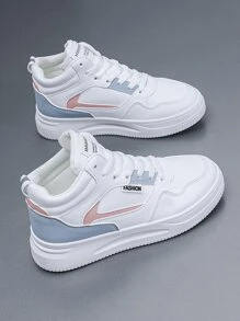 1雙運動女性字母圖案撞色繫帶高幫戶外板鞋