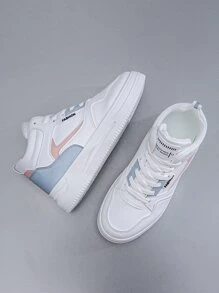 1雙運動女性字母圖案撞色繫帶高幫戶外板鞋