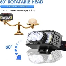 jihuo 手电筒头灯，1200 流明超轻明亮 LED 可充电头灯，带白光和红光，1 个运动传感器头灯，7 种模式适用于户外露营、跑步、骑自行车、钓鱼、露营配件 - 黑色 - 查看 3