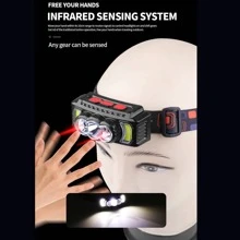 jihuo 手电筒头灯，1200 流明超轻明亮 LED 可充电头灯，带白光和红光，1 个运动传感器头灯，7 种模式适用于户外露营、跑步、骑自行车、钓鱼、露营配件 - 黑色 - 查看 7