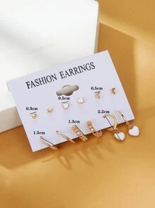 6对夏季清新简约女士星星爱心耳环吊坠套装 - 金黃色 - 查看 3
