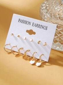 6对夏季清新简约女士星星爱心耳环吊坠套装 - 金黃色 - 查看 2