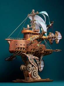 1件套船造型木3D拼圖,精美創意裝飾物適用於家庭 - 黃色 - 查看 2