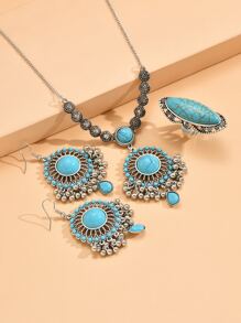 1入復古風款綠松石串珠項鍊，1對綠松石串珠耳環，1入復古風款綠松石串珠女戒珠寶套裝 - 復古銀色 - 查看 4