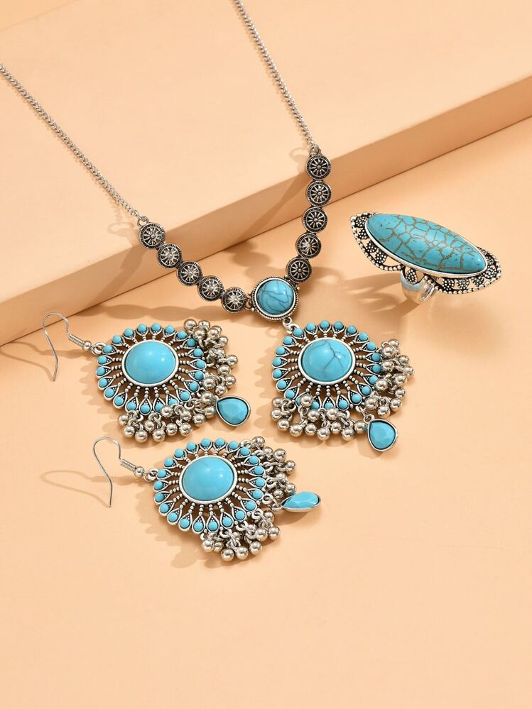 Conjunto De Accesorios De Bisutería De Turquesa Con Collar, Aretes Y Anillo - Plata antigua - Ver 3