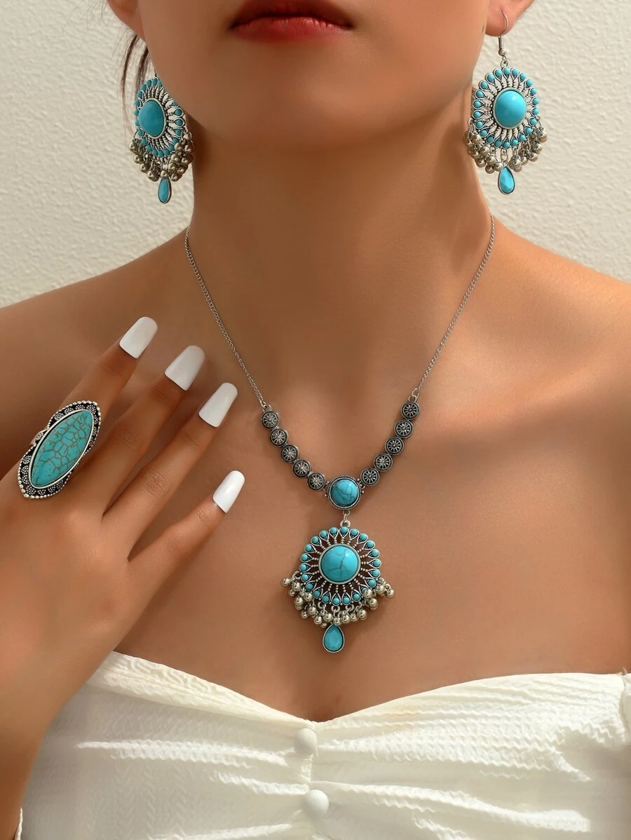 Conjunto De Accesorios De Bisutería De Turquesa Con Collar, Aretes Y Anillo - Plata antigua - Ver 1