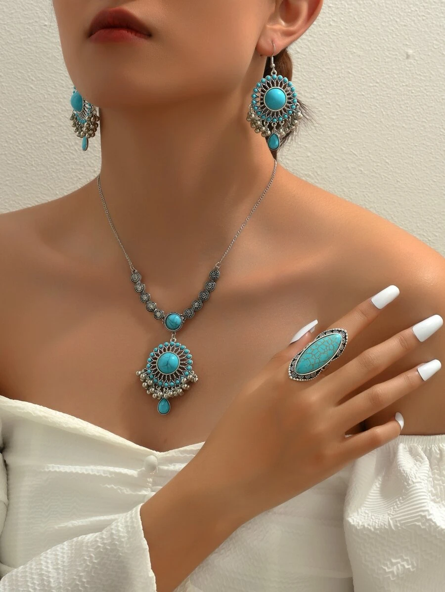 1入復古風款綠松石串珠項鍊，1對綠松石串珠耳環，1入復古風款綠松石串珠女戒珠寶套裝 - 復古銀色 - 查看 1