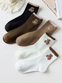 5雙絨毛熊設計素色襪子 - 彩色 - 查看 1