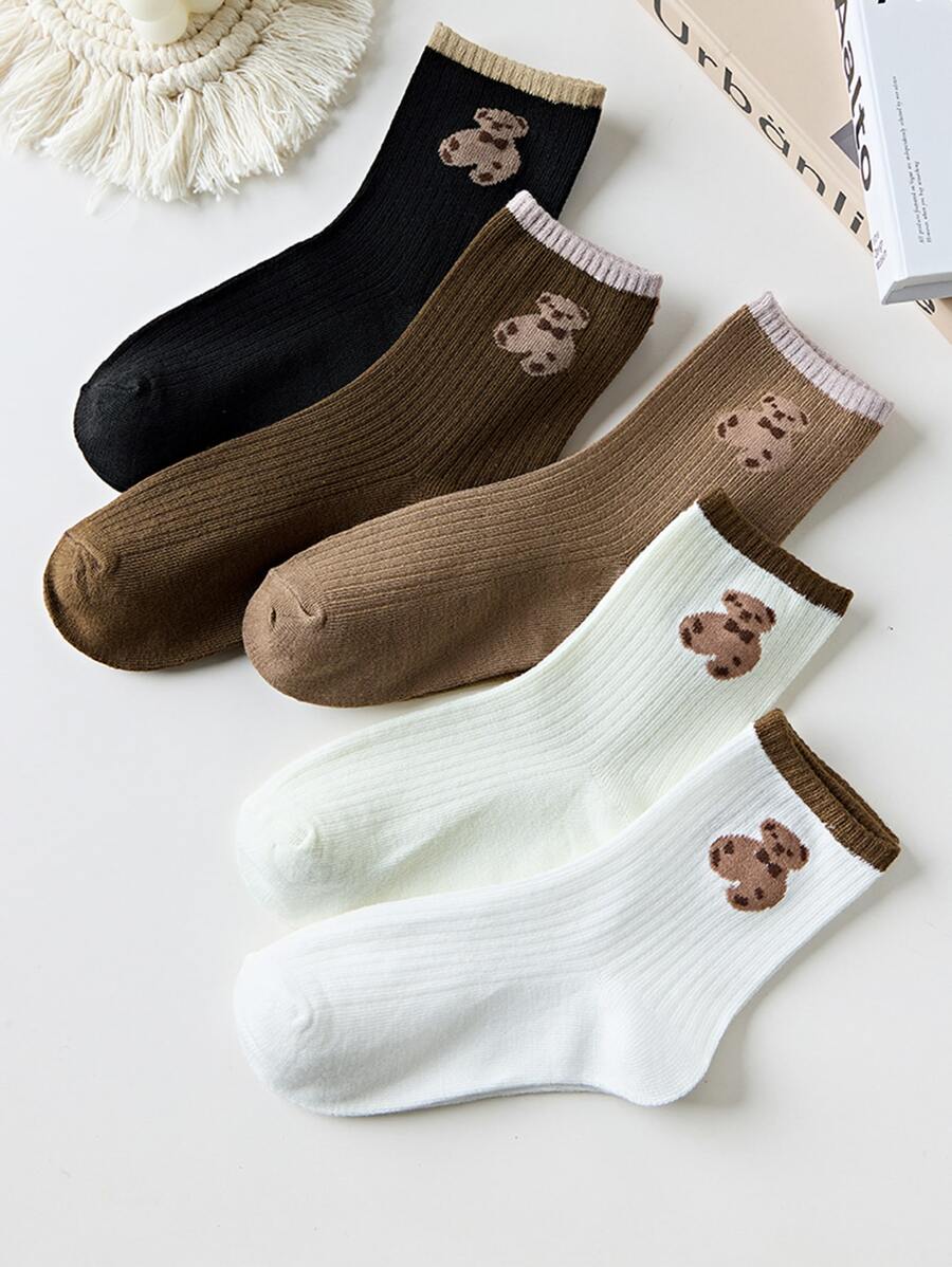 5雙絨毛熊設計素色襪子 - 彩色 - 查看 1