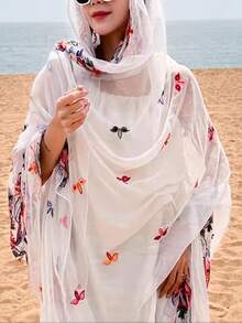 1pc Embroidered Bohemian Soft Scarf, Beach Sunscreen Multifunctional Head Wraps & Big Shawl - White - View 4