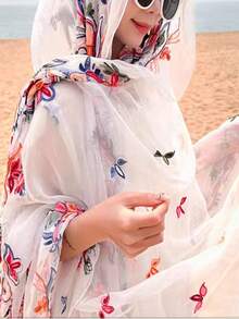 1pc Embroidered Bohemian Soft Scarf, Beach Sunscreen Multifunctional Head Wraps & Big Shawl - White - View 5