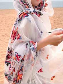 1pc Embroidered Bohemian Soft Scarf, Beach Sunscreen Multifunctional Head Wraps & Big Shawl - White - View 1