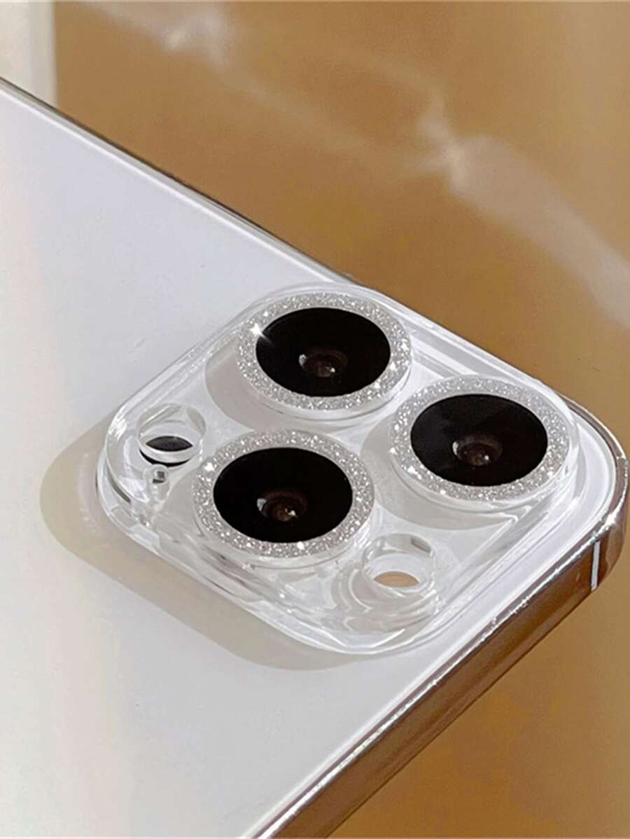 1pc Colorful Sparkling Camera Lens Tempered Glass Protector, Anti-scratch/dust/water/shock, Compatible With Iphone 11 12 13 14 Pro Max - Silver - View 1