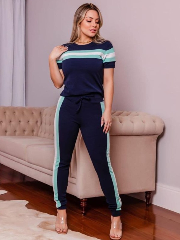 Conjunto Com Faixa Modeladora marinho com turquesa Dondoka
