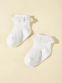 5對寶寶女孩防滑花朵蕾絲膠麻襪子，帶有3D裝飾和中筒 - 白色 - 查看 3