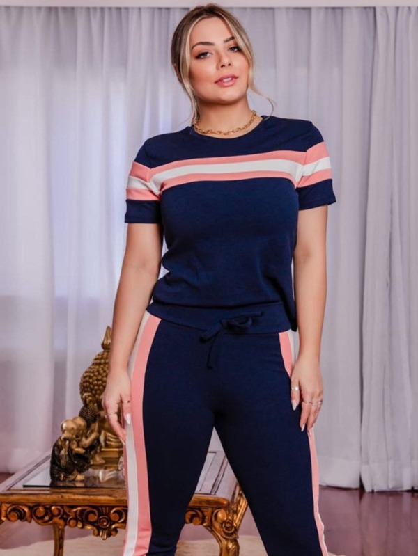 Conjunto Com Faixa Modeladora marinho com rose Dondoka