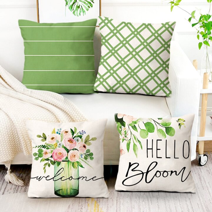 4pcs Green Floral Letter Print Simple Stripe Decorative