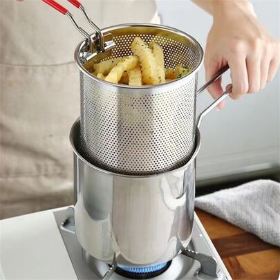 18/8 Sus304 Stainless Steel Deep Fry Pan & Mini Fryer With Filter Screen For Household Use, Oil Saving
