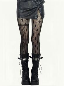哥特式條紋圖案連褲襪婦女復古龐克性感格紋拼貼薄漁網襪長襪 - 黑色 - 查看 1