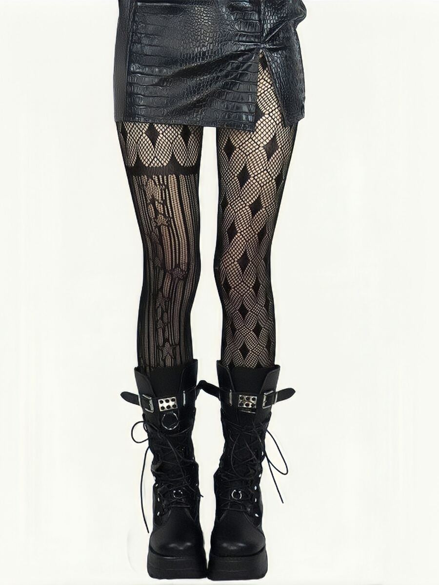 哥特式條紋圖案連褲襪婦女復古龐克性感格紋拼貼薄漁網襪長襪 - 黑色 - 查看 1