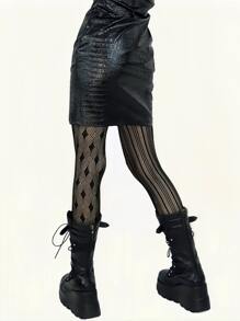 哥特式條紋圖案連褲襪婦女復古龐克性感格紋拼貼薄漁網襪長襪 - 黑色 - 查看 2