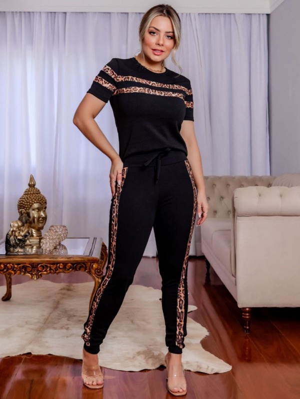 Conjunto Com Faixa Modeladora preto com animal print Dondoka