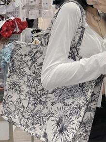 2024 Summer New Fashion Retro Flower Pattern Canvas Tote Bag With Large Capacity, Embroidery Detail And Shoulder Strap - Black and White - View 2