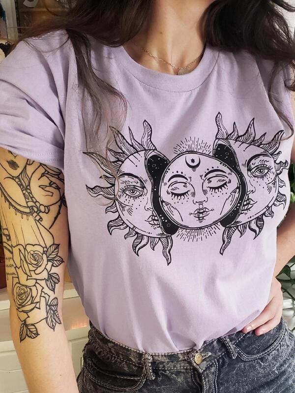Camiseta Boho Estampa Sol e Lua Lilas – Energia Cósmica