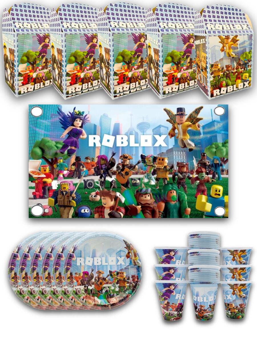 Party Kit 60 Disposable Roblox Character Guests 181 Pcs Cardboard Decoration Items Plates Cups Sweets + Canvas - Black - View 1
