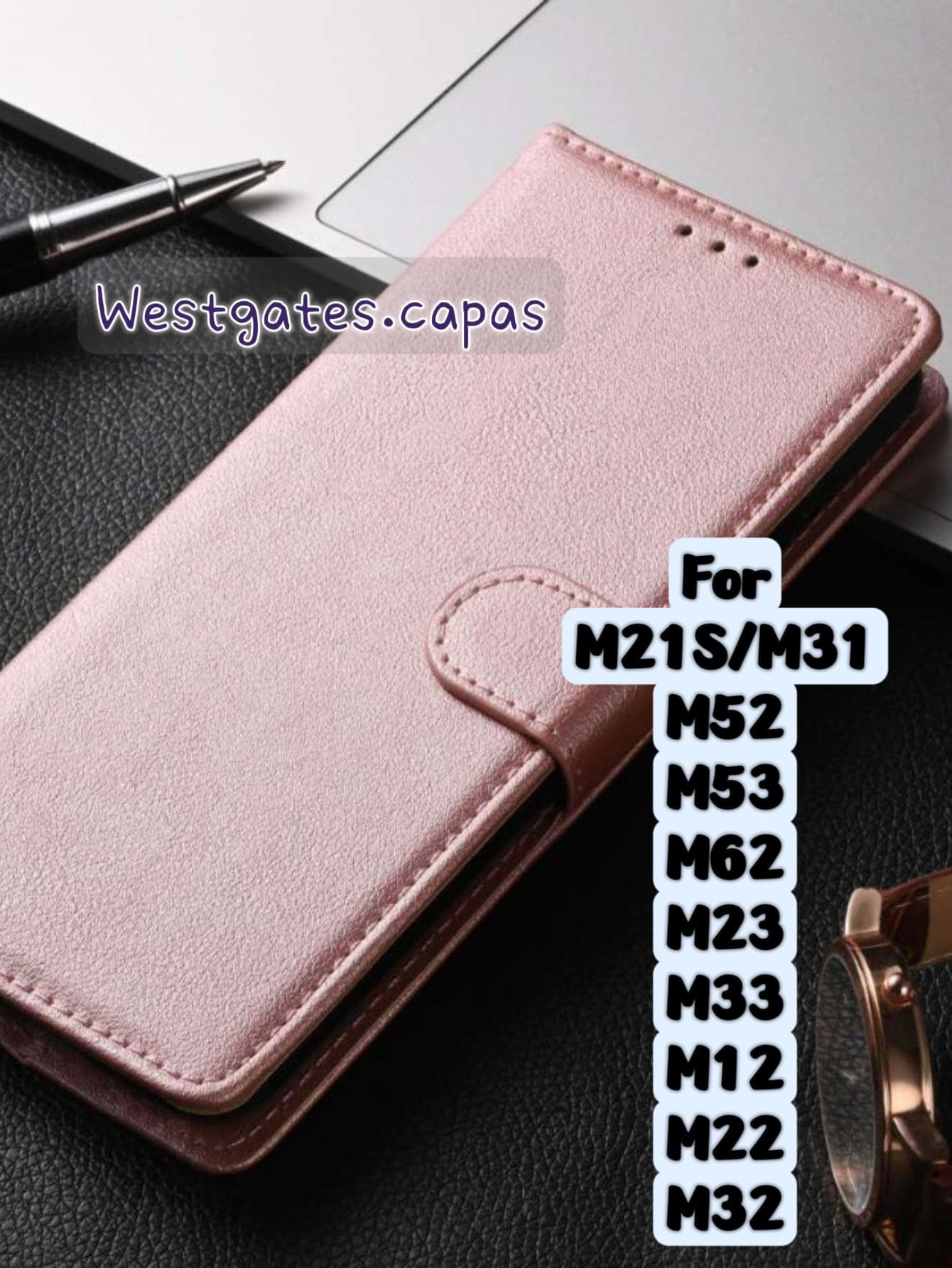 Capa Carteira de Couro Sintético Compativel com Samsung M21S/M31 M52 M53 M62 M23 M33 M12 M22 M32 - Rosê - Visão 1