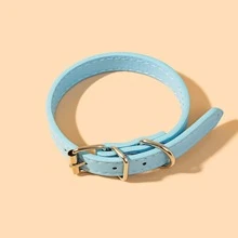 1pc Solid Color Artificial Pu Pet Collar, Suitable For Cats And Dogs - Baby Blue - View 3