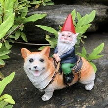 1入組有趣小矮人騎術柯基犬雕像,室內室外花園小矮人雕塑適用於露台,,草地裝飾用品,合適的作為A節日禮物 - 彩色 - 查看 8