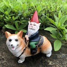 1入組有趣小矮人騎術柯基犬雕像,室內室外花園小矮人雕塑適用於露台,,草地裝飾用品,合適的作為A節日禮物 - 彩色 - 查看 9