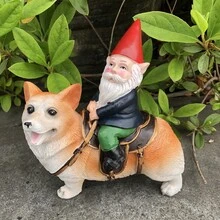 1入組有趣小矮人騎術柯基犬雕像,室內室外花園小矮人雕塑適用於露台,,草地裝飾用品,合適的作為A節日禮物 - 彩色 - 查看 10