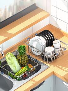 Dish & Fruit Drainer Basket, Sink Colander For Vegetables, Plate Organizer With Retractable Handles And Drainage - Silver - View 3