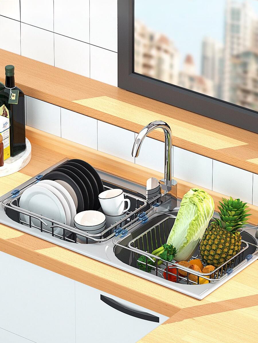 Dish & Fruit Drainer Basket, Sink Colander For Vegetables, Plate Organizer With Retractable Handles And Drainage - Silver - View 1