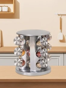 12pcs/set Silvery Stainless Steel Rotating Spice Jar Set, With 12 Glass Jars And A Revolving Stainless Steel Storage Rack For Countertop Use, Useful Kitchen Accessory For Organizing Spices And Seasonings - Silver - View 2