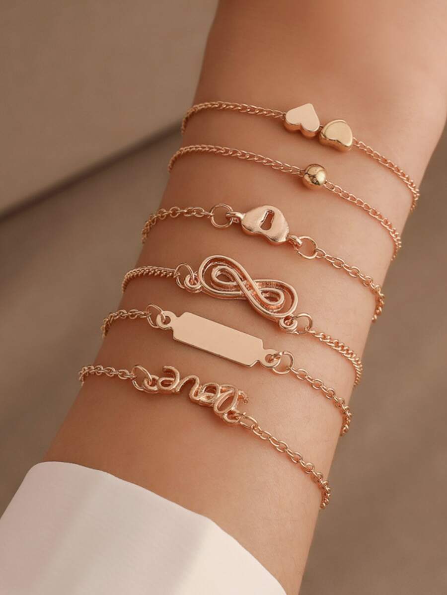 6 cái/bộ Vòng tay trang trí hình trái tim & vô cực - Vàng - Xem 1