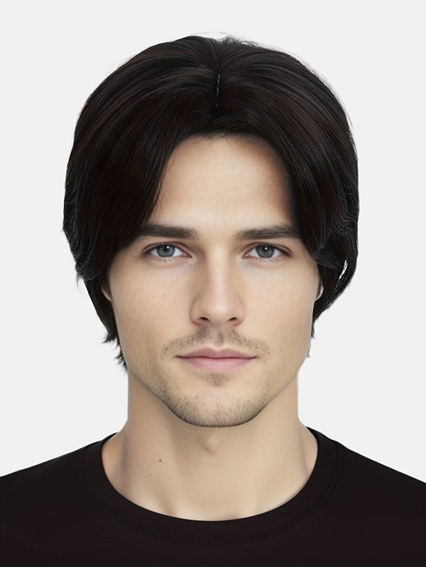Black Middle Part Men Wig Short Men Wig Curly Men's Wig with Side Swept
