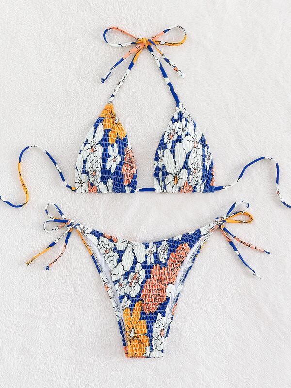 Floral Print Smocked Triangle Tie Side Bikini Set For Summer Beach