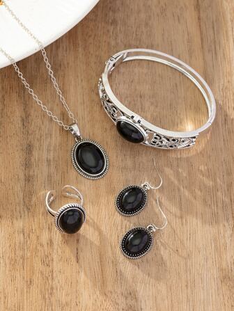 1set/5pcs Women's Retro Fashion Tiger Eye Stone Jewelry Set Including Necklace, Bracelet, Earrings, Ring